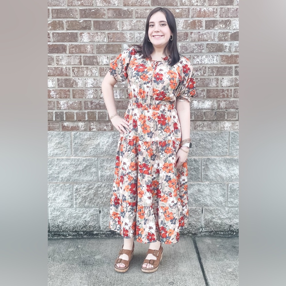 Oddi floral taupe midi dress tie neck elbow bubble sleeves elastic waist ID18065